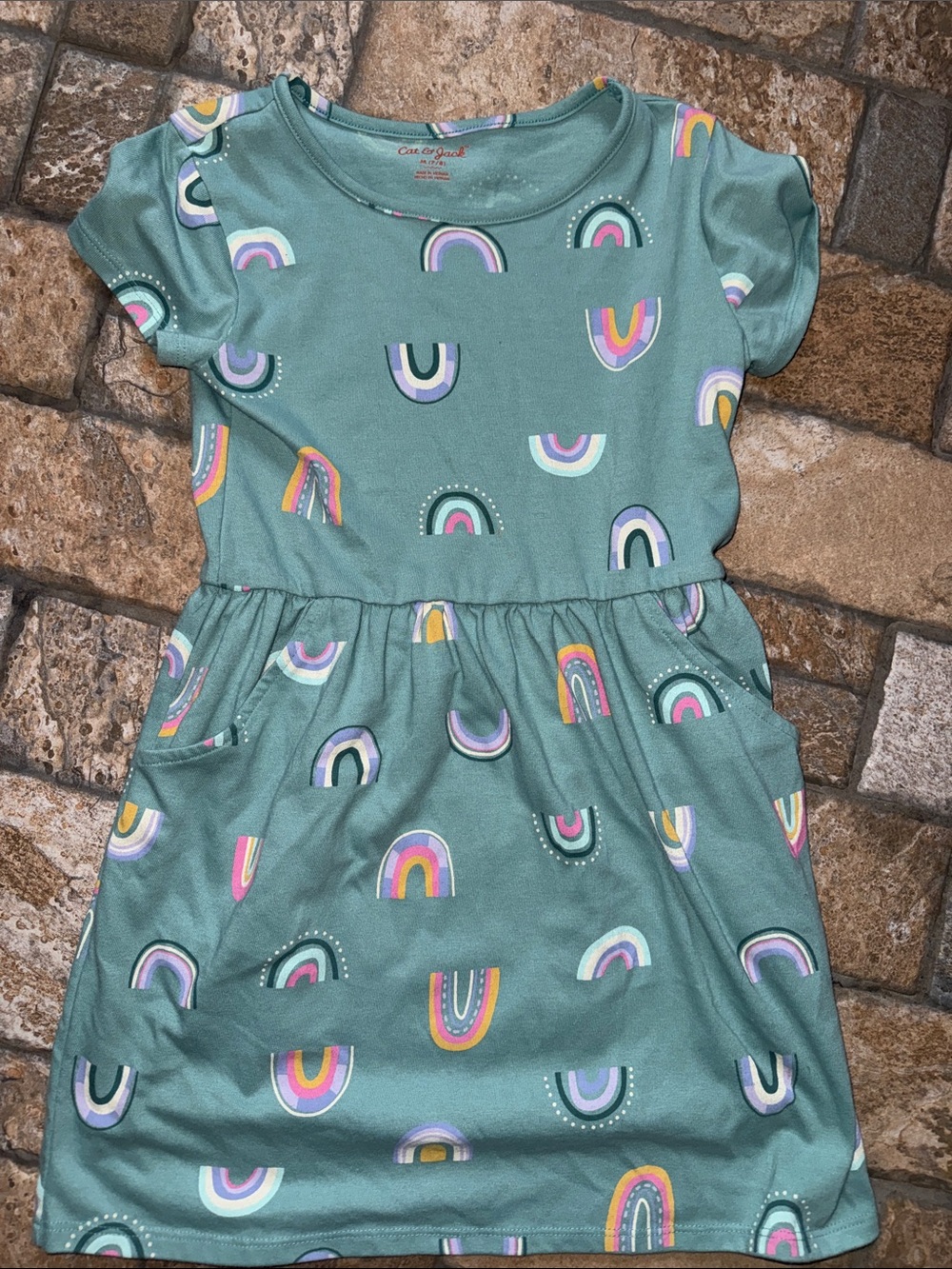 Cat & Jack Teal Dress with Multicolor Rainbow Print